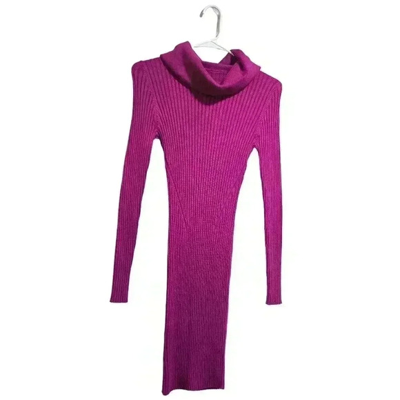 Cozy Ribbed Knit Cowl Neck Sweater Dress - Fuchsia - Picture 6 of 7